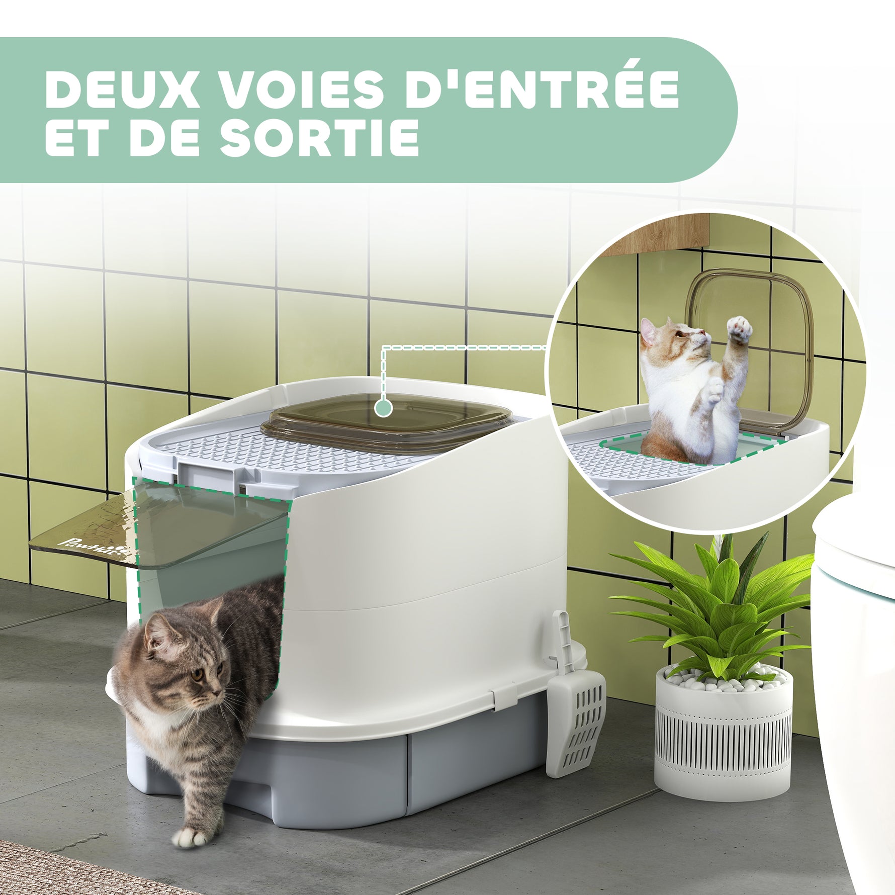 Maison de toilette pour chat bac à litière fermé chat avec porte translucide pelle incluse 40,5 x 52,5 x 42,5 cm gris