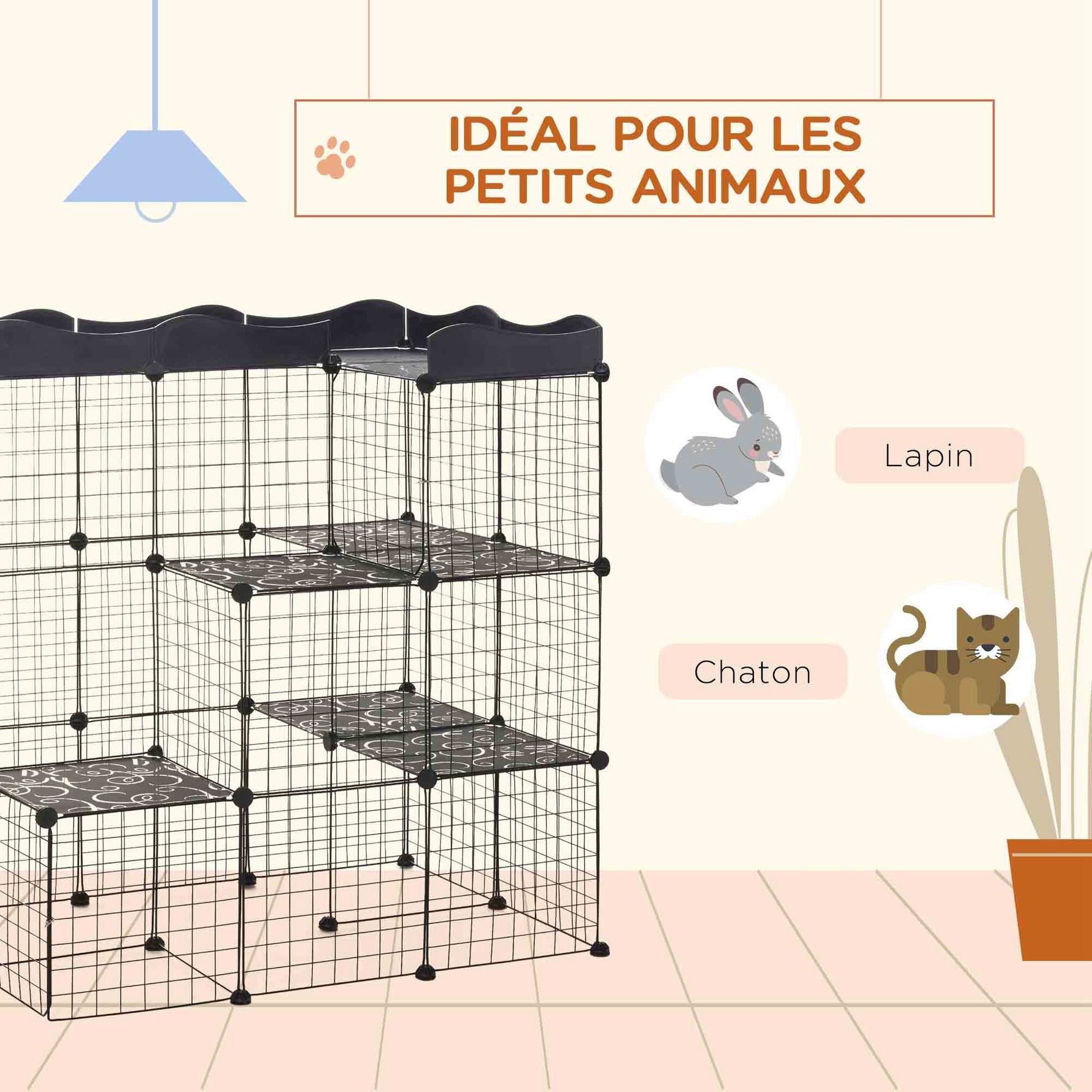 Cage parc enclos pour petits animaux chats lapins modulable 3 niveaux 2 portes rampe fil métallique 105 x 70 x 116 cm noir