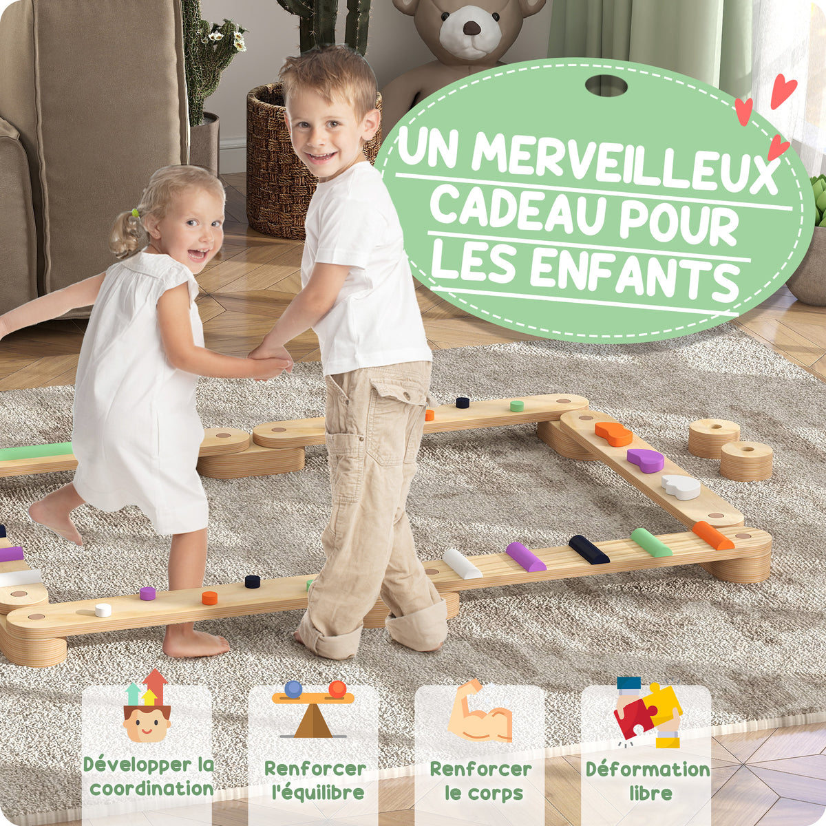 Viga de equilibrio de madera para niños de 3 a 8 años con piedras de obstáculos coloridas, interior y exterior
