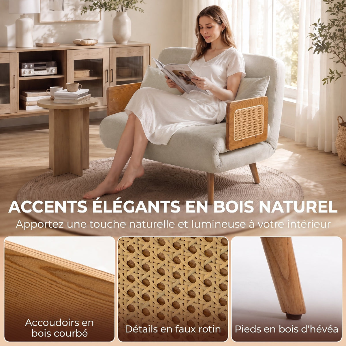 Canapé Convertible 2 Places, Canapé-Lit 3 en 1 Chenille 103cm, Dossier Réglable, 2 Oreillers, Accoudoirs en Bois, Crème-5