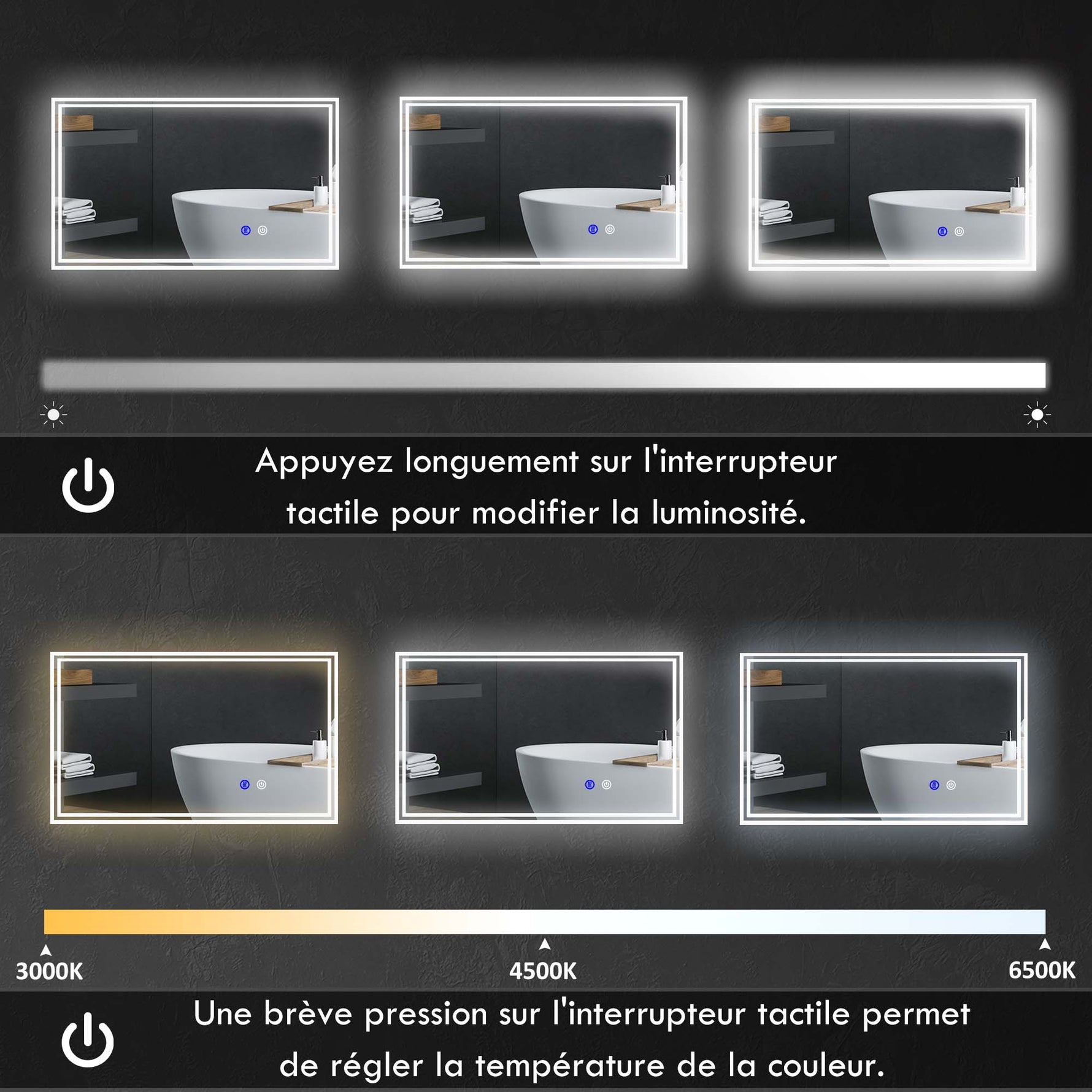 Miroir de salle de bain rectangulaire mural lumineux LED horizontal ou vertical, 100 x 60 cm