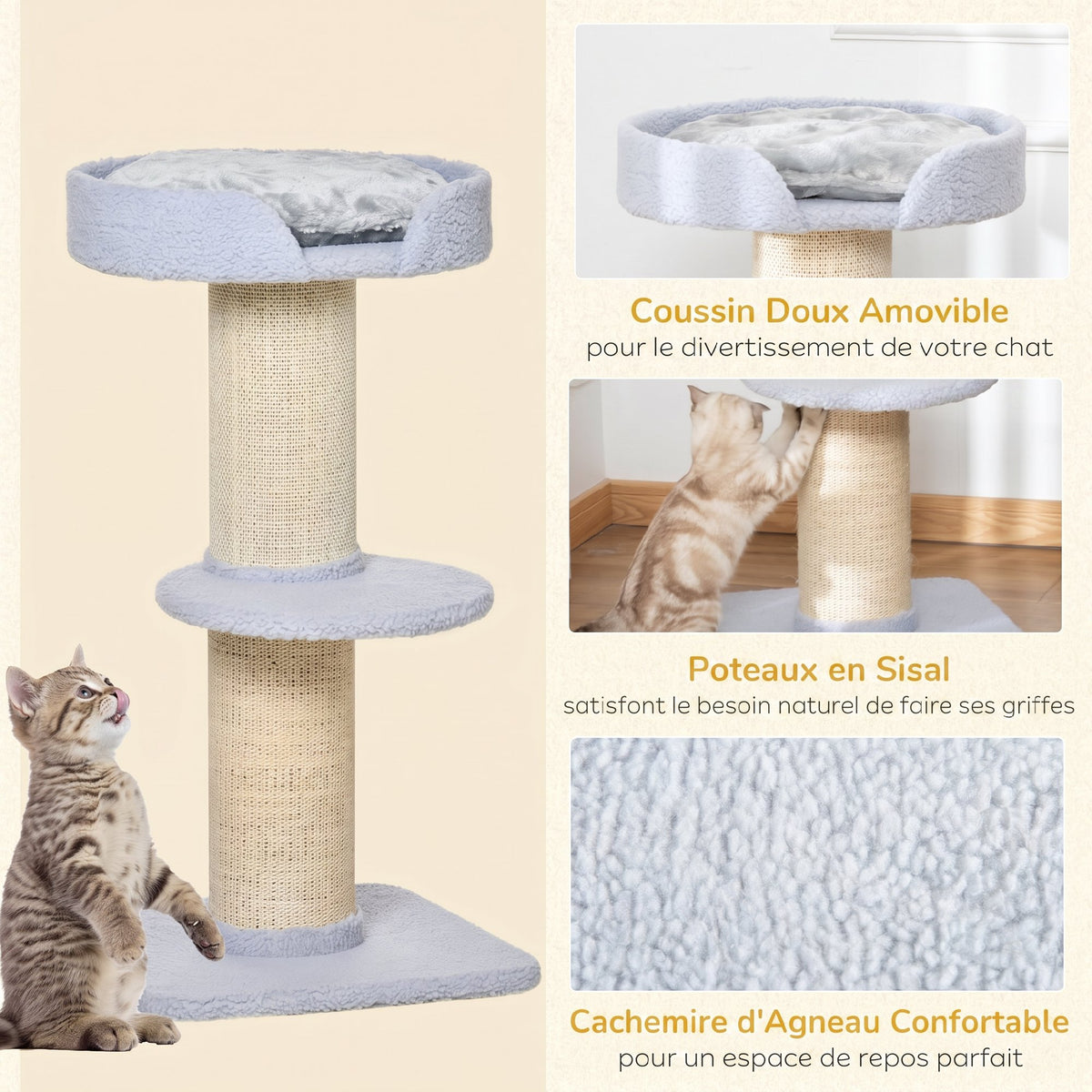Arbre à chat avec griffoir centre d'activités 2 plateformes coussin bleu clair