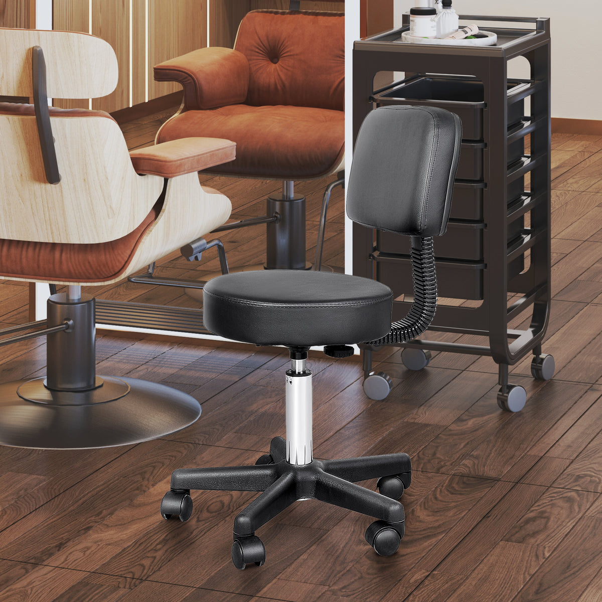 Tabouret massage a roulettes reglable en hauteur pivotant avec dossier ergonomique noir