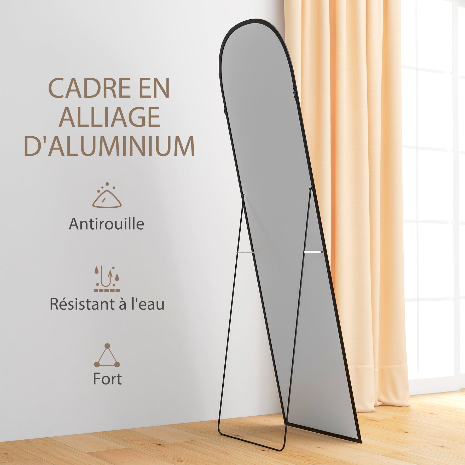 Miroir sur pied rectangulaire arrondi cadre en aluminium avec support pour entrée chambre dressing 50 x 161,5 cm noir