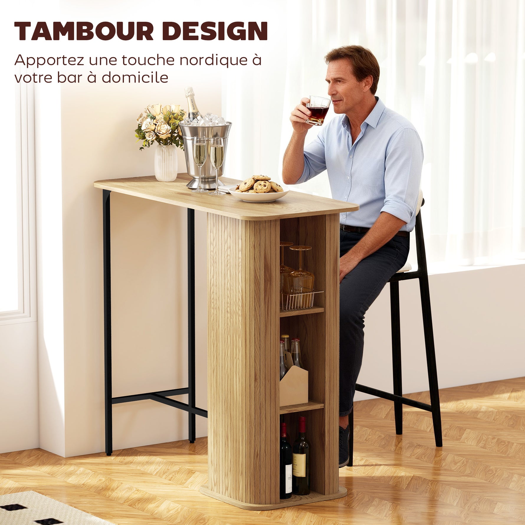 Table Haute Mange Debout, Table de Bar avec 3 Étagères de Rangement et Pieds en Métal, 112x50x106cm, Bois Naturel