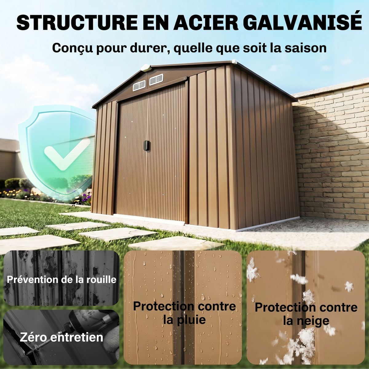 Abri de jardin 2,5 m² - remise pour outils avec kit de fondation - cabanon porte verrouillable - tôle d'acier ocre