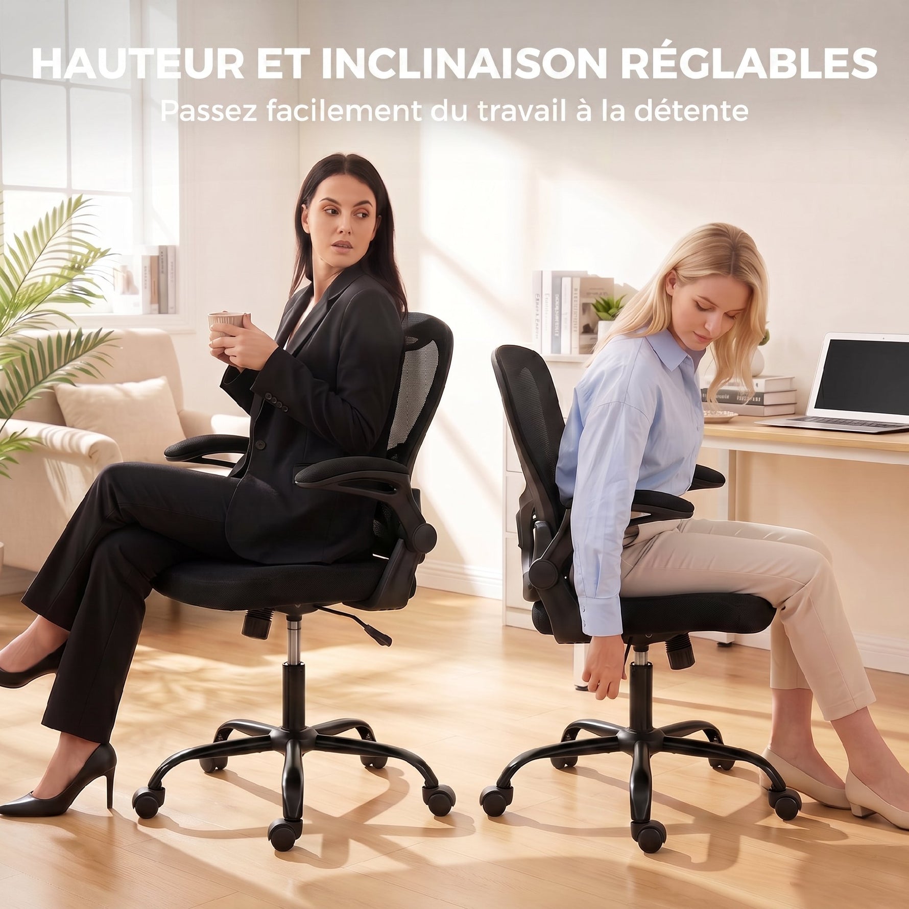 Chaise Bureau Ergonomique, Fauteuil de Bureau Maille, Accoudoirs Relevables, Hauteur Réglable, Fonction Bascule, Noir