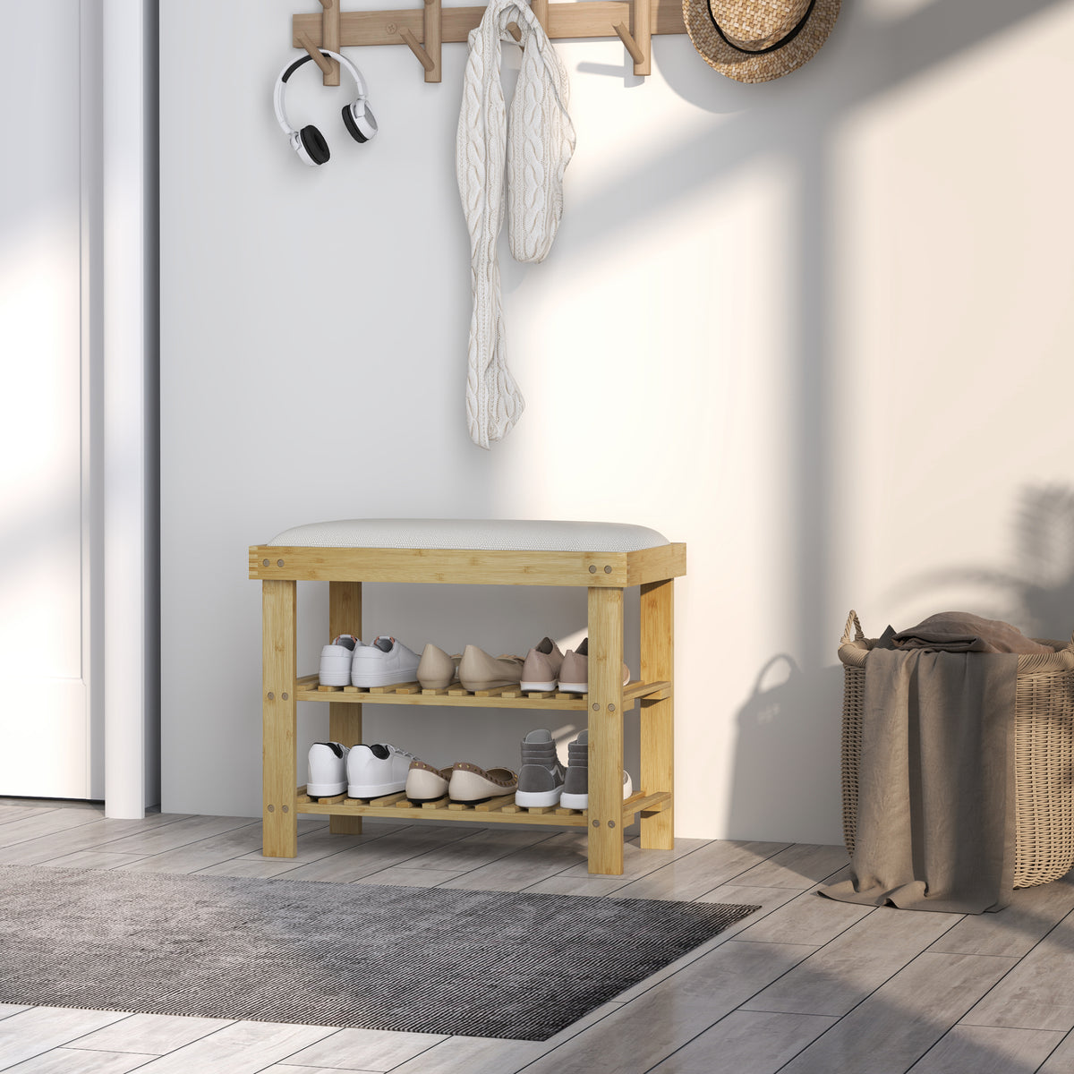Banc à chaussures en bambou, étagère à chaussures à 3 niveaux, style scandinave, 60 x 29 x 49 cm, crème et bois naturel