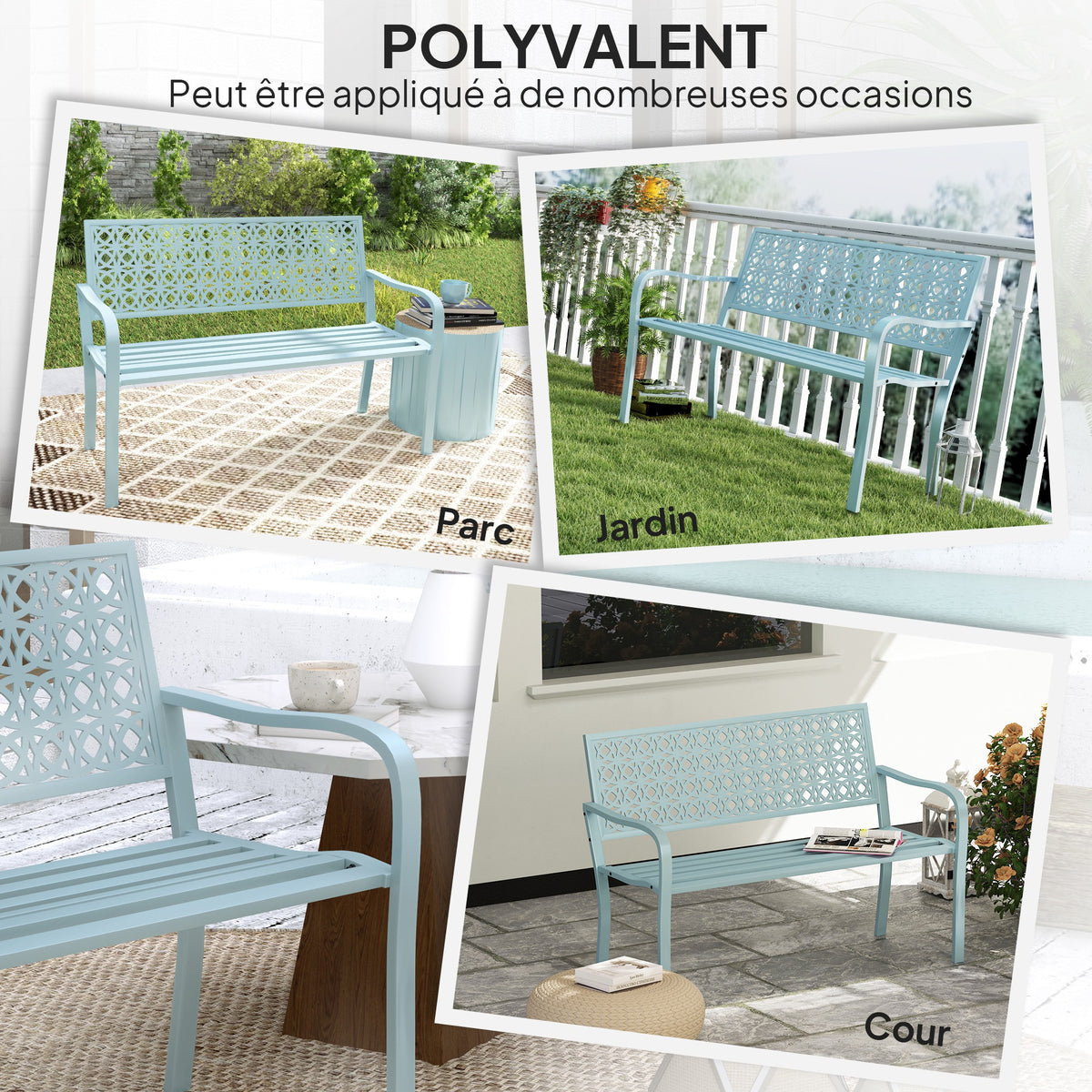 Banc de jardin 2 places, banc extérieur jardin en acier avec dossier ajouré, 127 x 63 x 85 cm, bleu