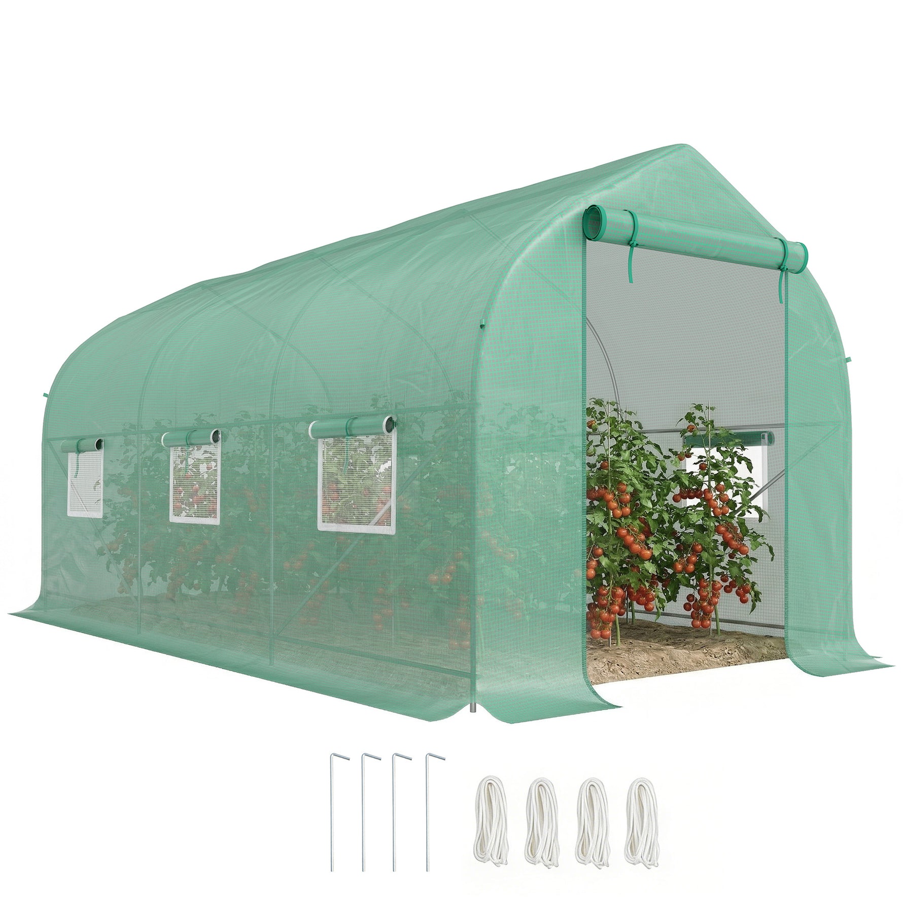 Serre tunnel de jardin 8m², serre de jardin tunnel avec 1 porte et 6 fenêtres, bâche PE 140g/m² 400x200x200cm vert