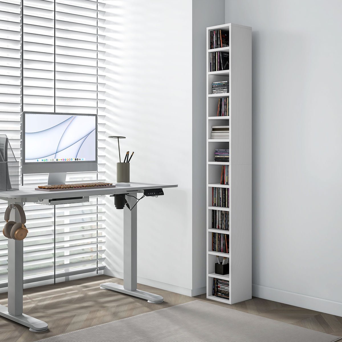 Estantería para CD y DVD con 12 compartimentos, capacidad máx. 204 CD, 21 x 20 x 175 cm, blanco