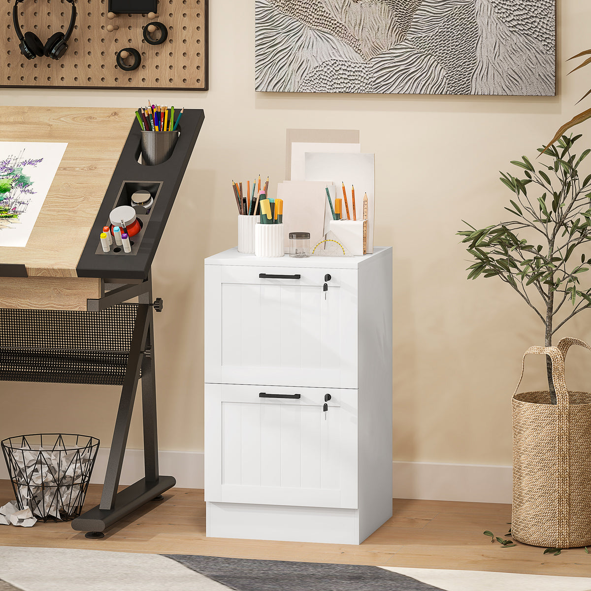 Cajonera de oficina, mueble de almacenaje de madera con 2 cajones y cerradura, barras de suspensión ajustables, 40 x 40 x 71 cm, blanco