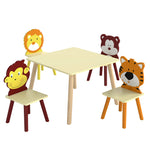 Kinderkamertafelset met 4 stoelen, 5-delig houten meubelset, rugleuningen in diervorm, afgeronde hoeken, 3-8 jaar, geel