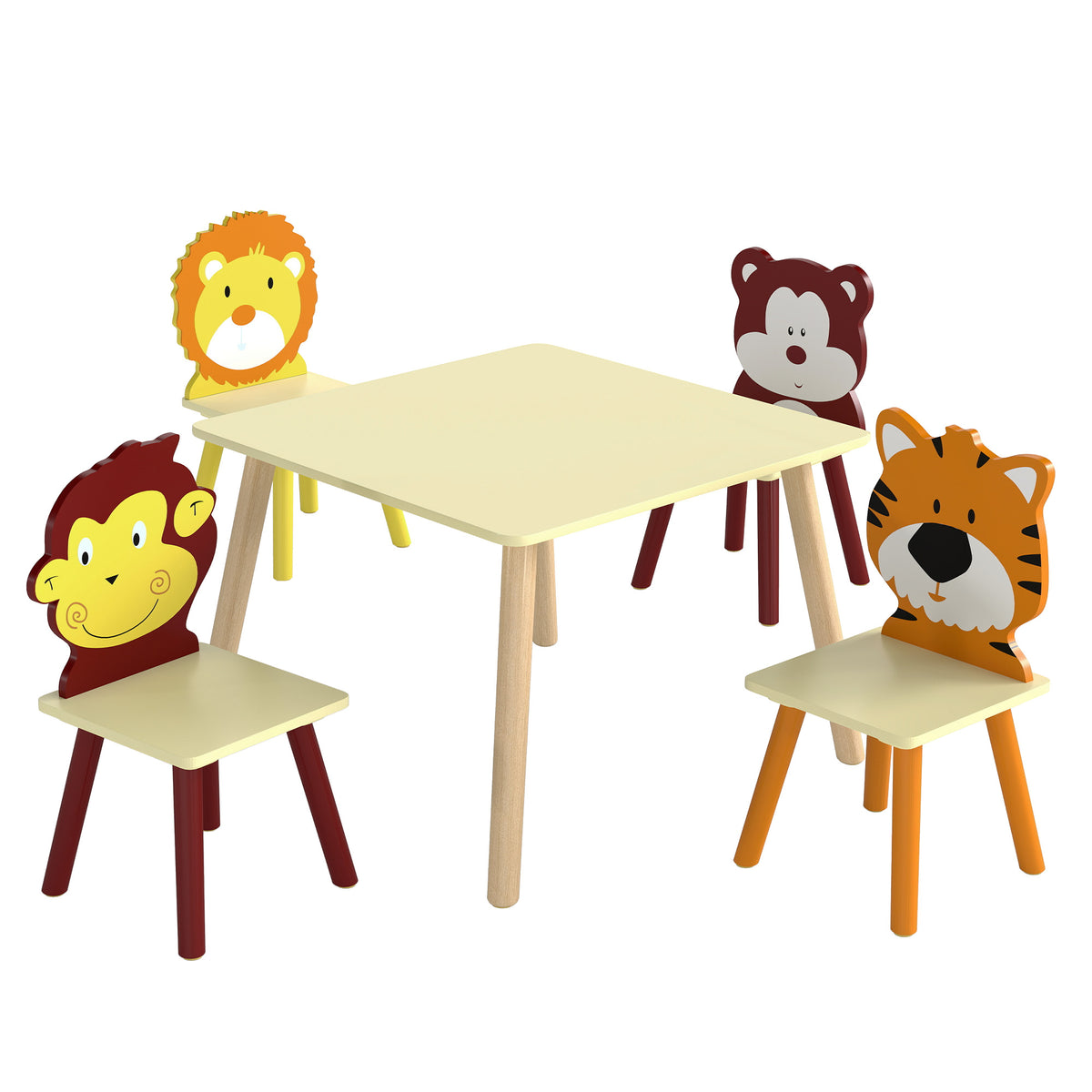 Kinderkamertafelset met 4 stoelen, 5-delig houten meubelset, rugleuningen in diervorm, afgeronde hoeken, 3-8 jaar, geel