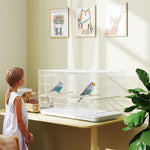 Cage à Oiseaux Volière Intérieur Acier avec Séparateur, 4 Perchoirs, Plateau Coulissant, 4 Mangeoires, 76x46x46cm, Blanc