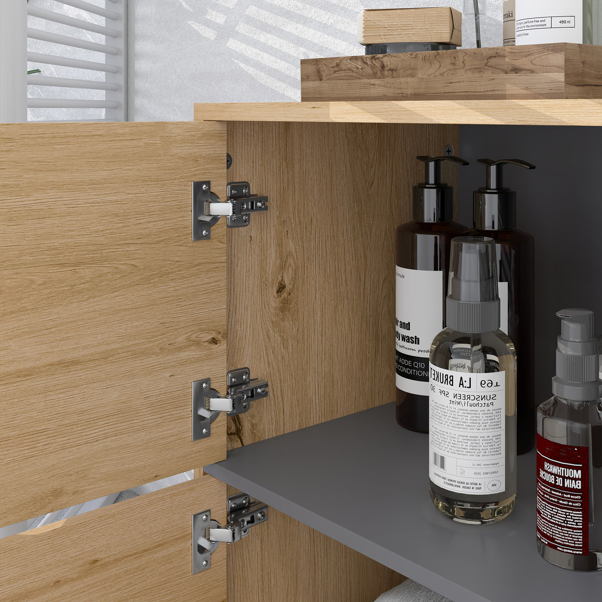 Meuble de salle de bain, meuble de rangement avec compartiments ouverts et placard, dim. 80 x 35 x 70 cm, bois naturel