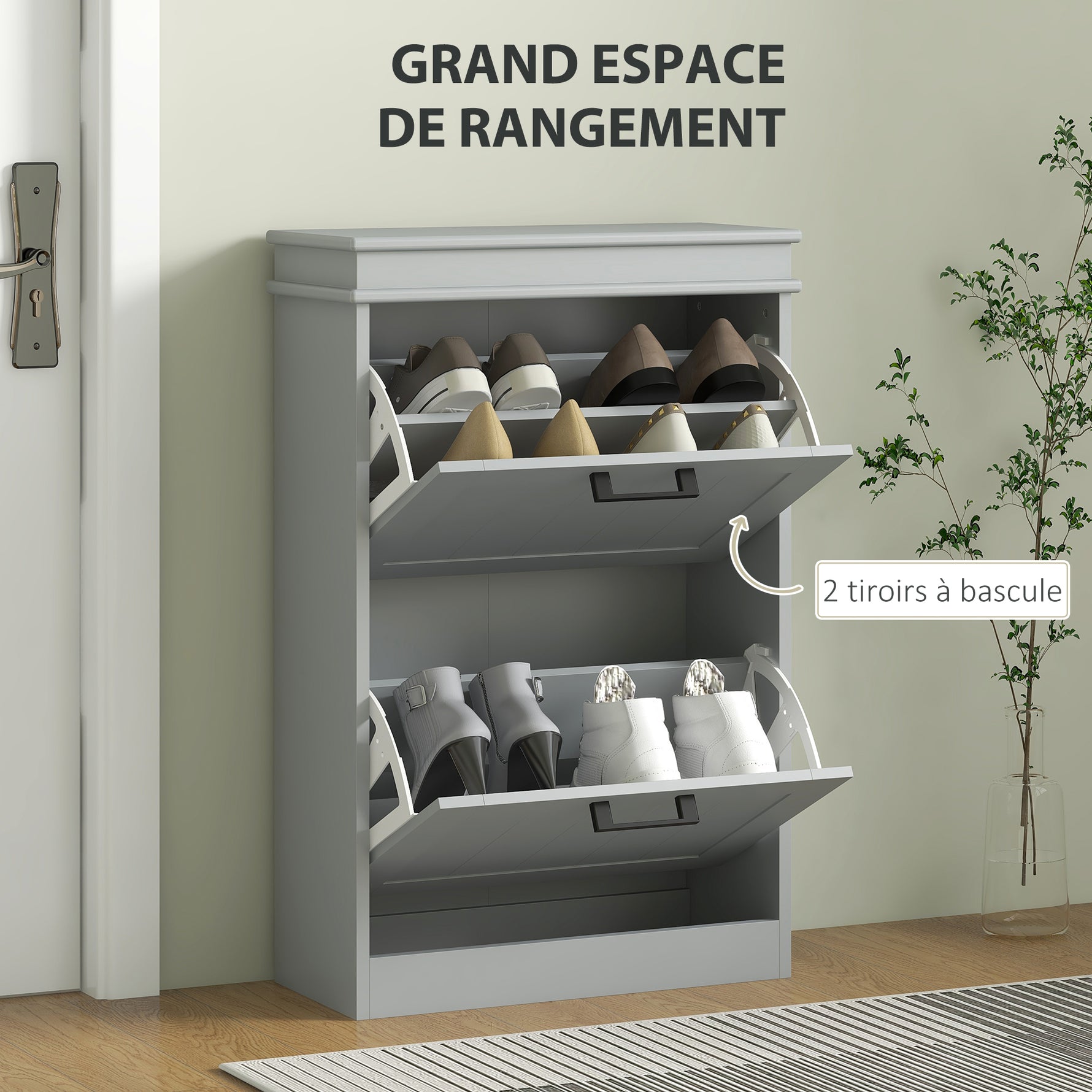 Meuble à chaussures, 2 portes abattants, étagères réglables, pour entrée, couloir, 54 x 24 x 82,5 cm, gris