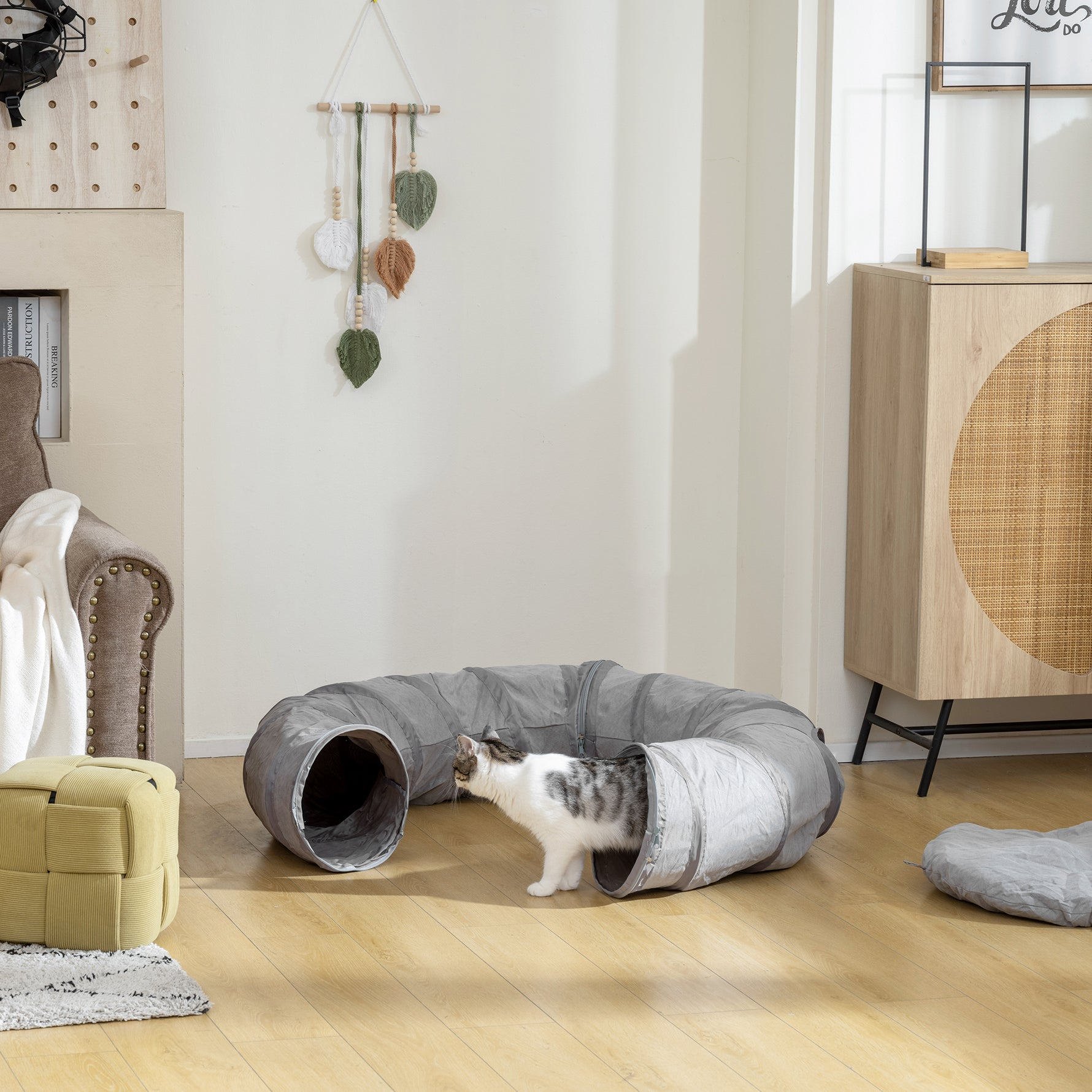 Tunnel pour chat intérieur rond tunnel avec lit et coussin, pliable, avec trous pour balles et judas, Ø 90 x 27 cm gris