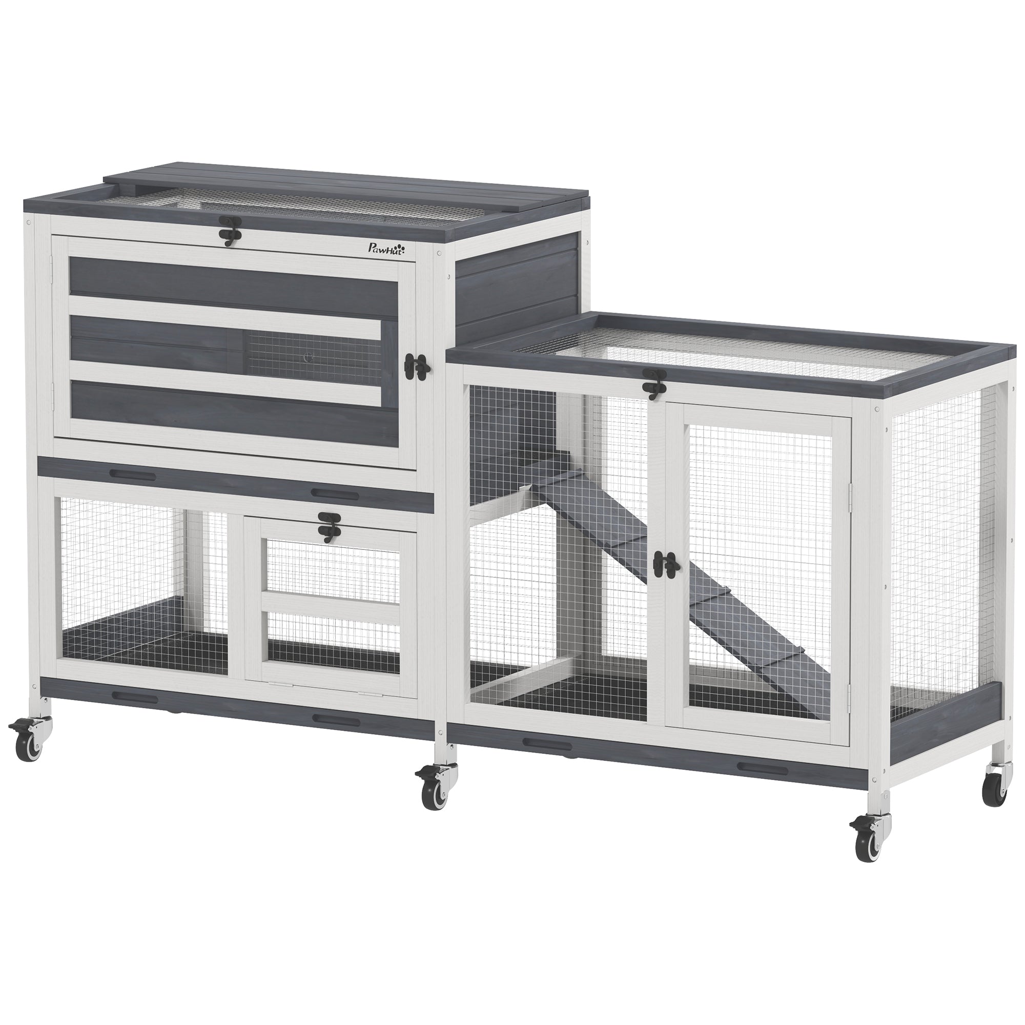 2-tier wooden rabbit hutch with wheels, 3 trays, for 2-3 rabbits, 147 x 45 x 89.5 cm, grey