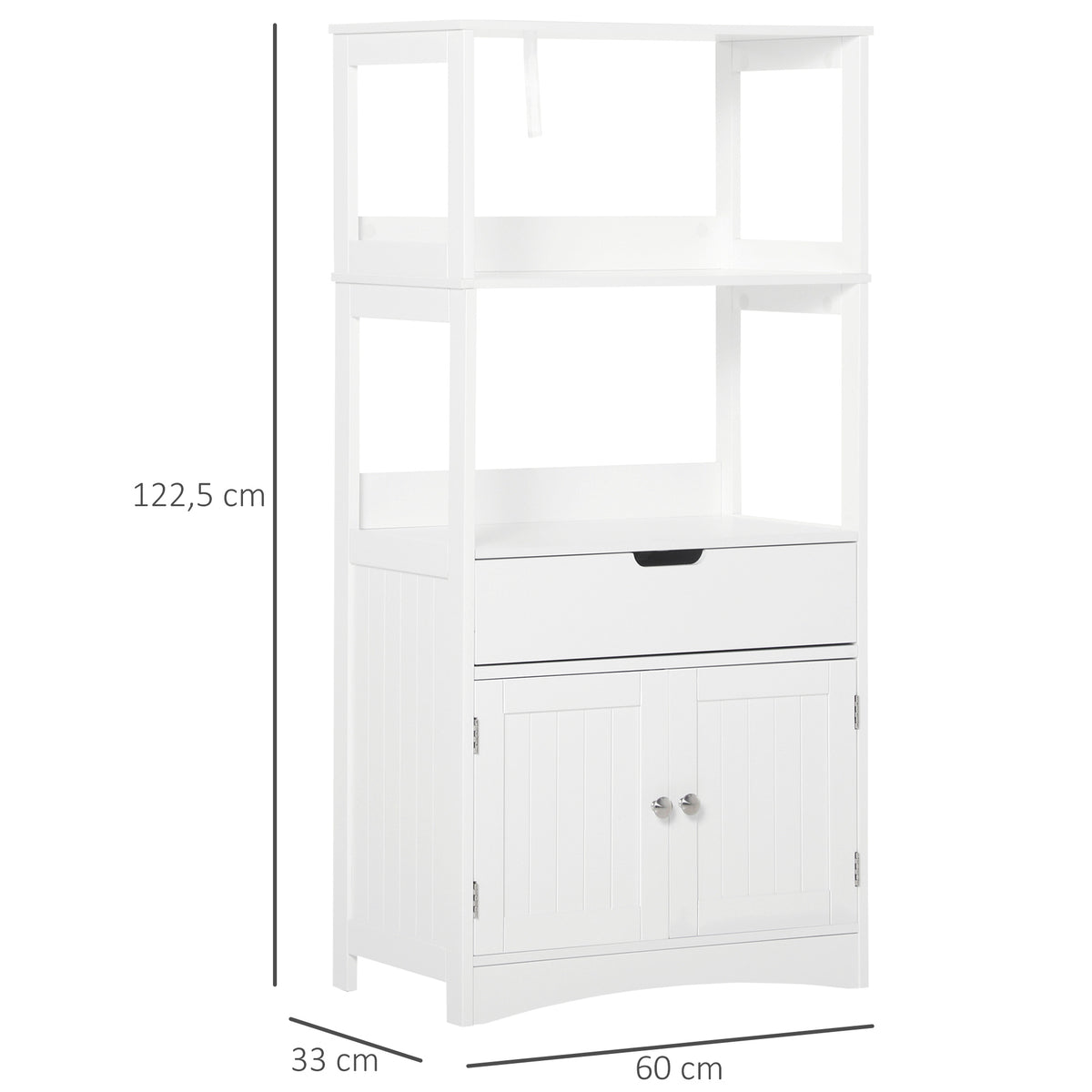Meuble de Rangement Salle de Bain - 2 Portes, tiroir, 3 étagères - dim. 60L x 33l x 122H cm - MDF Blanc