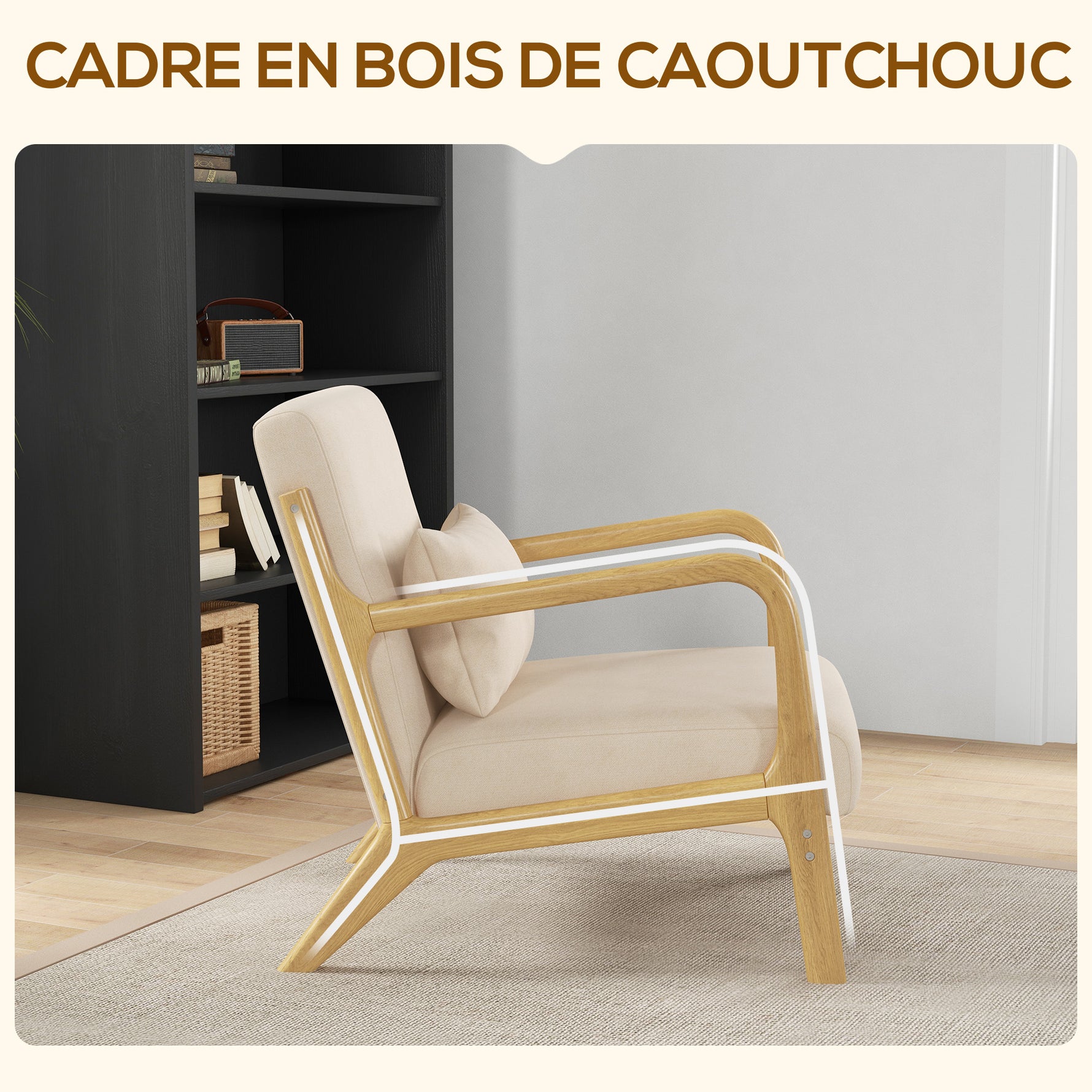 Fauteuil lounge - 3 coussins inclus - assise profonde - accoudoirs - structure bois hévéa - aspect velours beige
