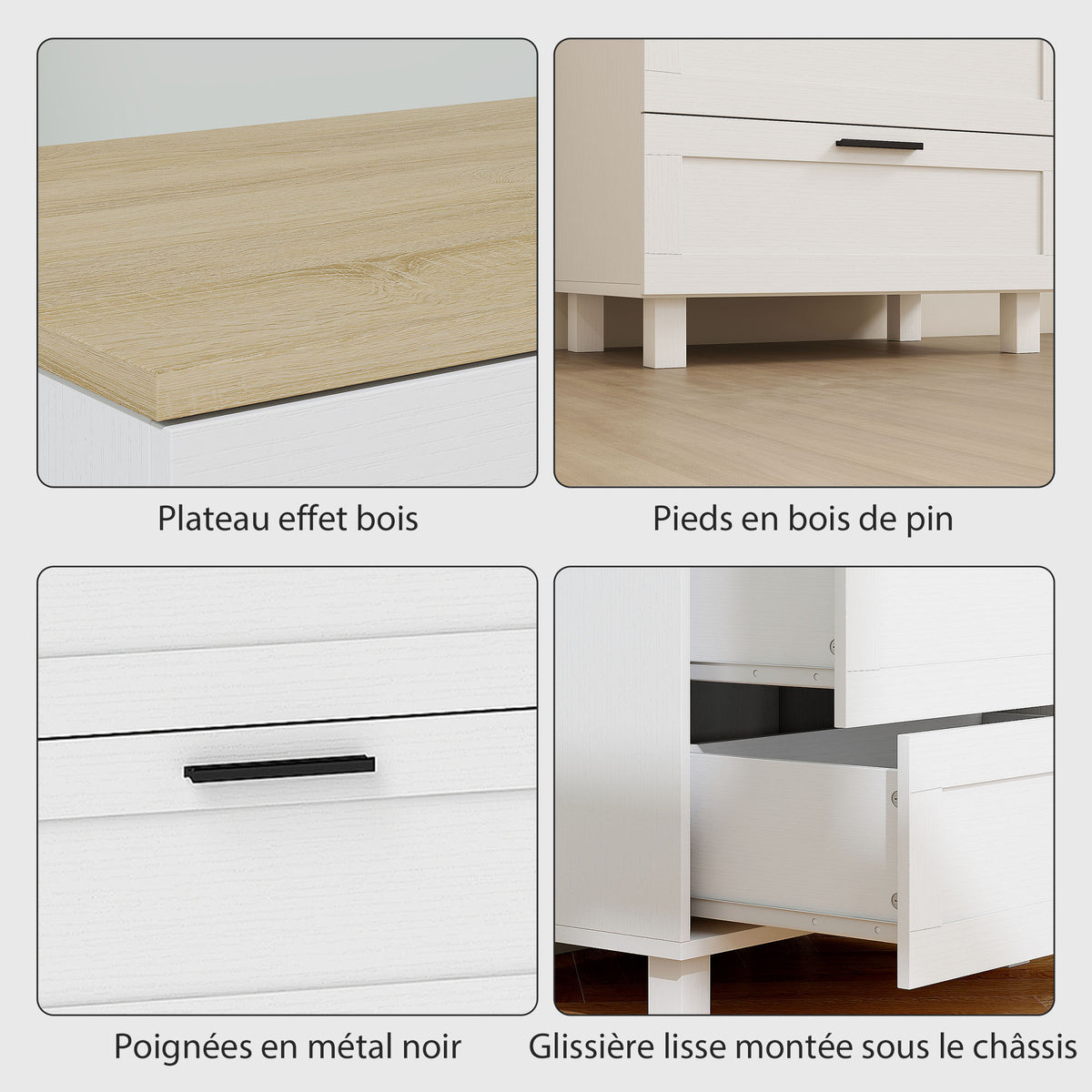 3-drawer dresser, modern storage unit with solid wood legs and wood-effect top, 60 x 38 x 71 cm, white
