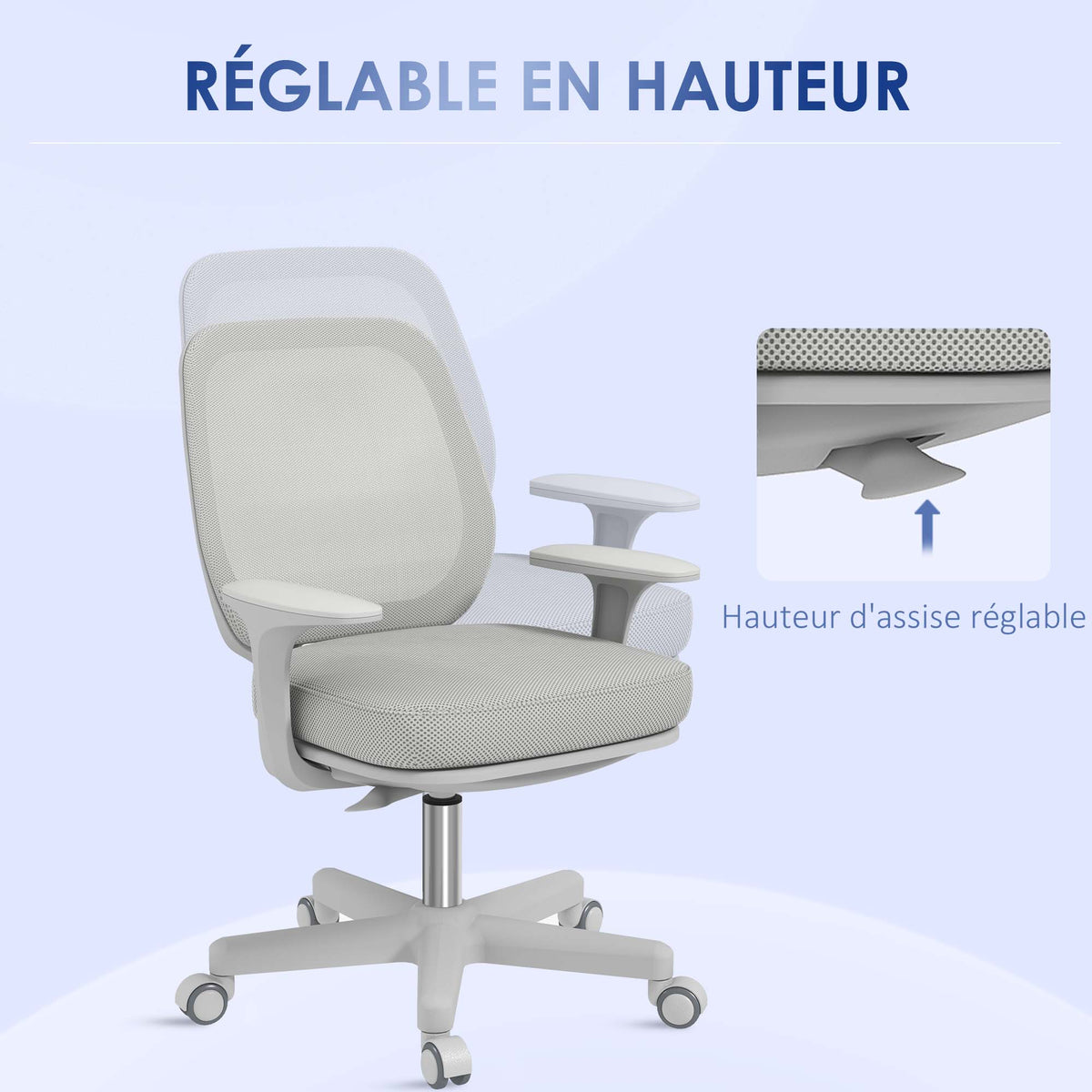 Chaise de bureau tissu mesh hauteur réglable pivotante 360° accoudoirs sur roulettes, gris
