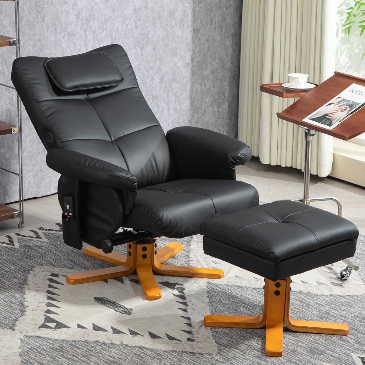 Fauteuil massant avec repose-pied, dossier inclinable jusqu'à 135°, coffre de rangement, télécommande