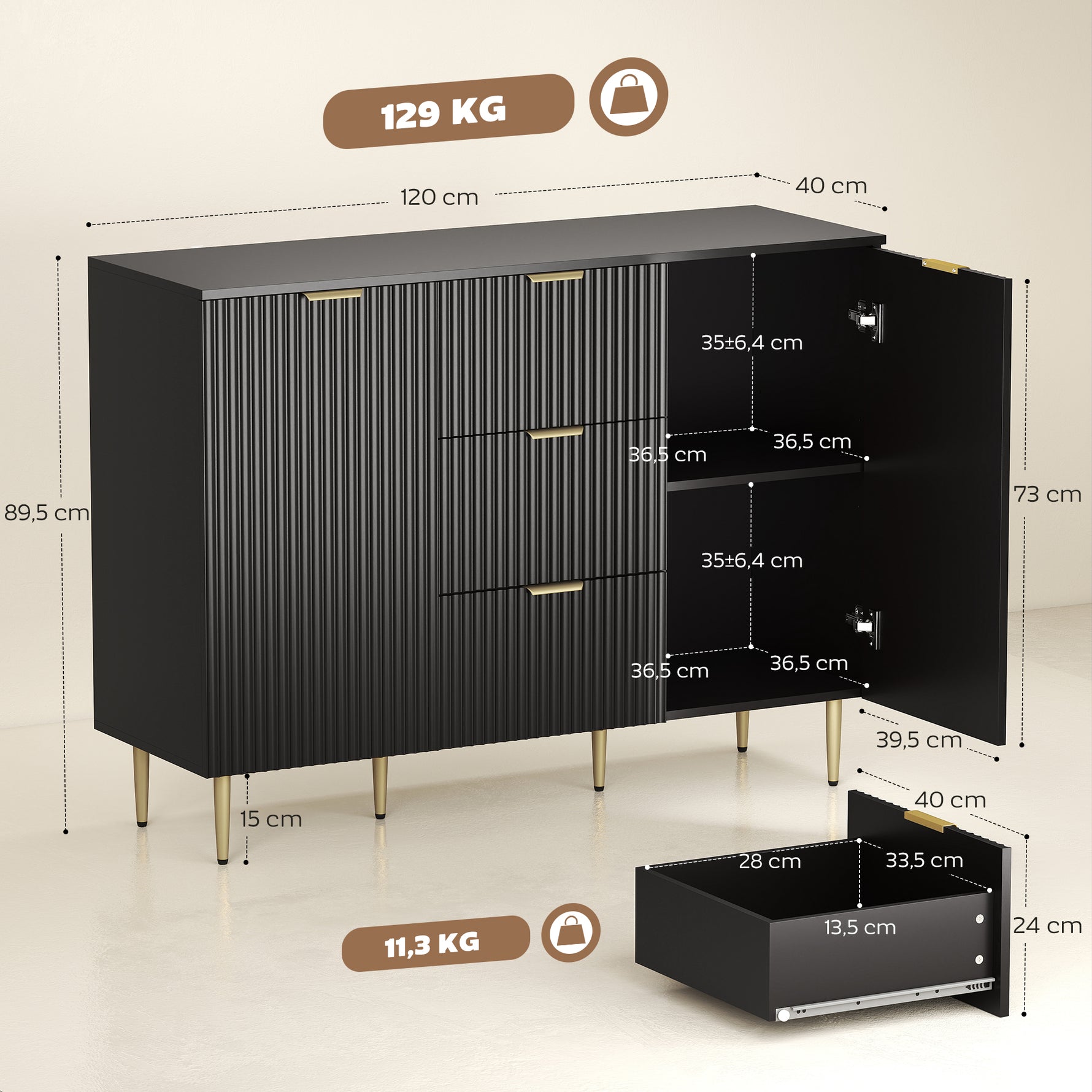 Buffet meuble cuisine rangement avec 3 tiroirs, étagères réglables, placards à portes cannelées, 120 x 40 x 90 cm, noir