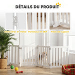 Barrière de Sécurité Chien Pliable Double Face en Bois, 4 Panneaux avec Porte, Pieds de Support, 205 x 60 cm, Blanc