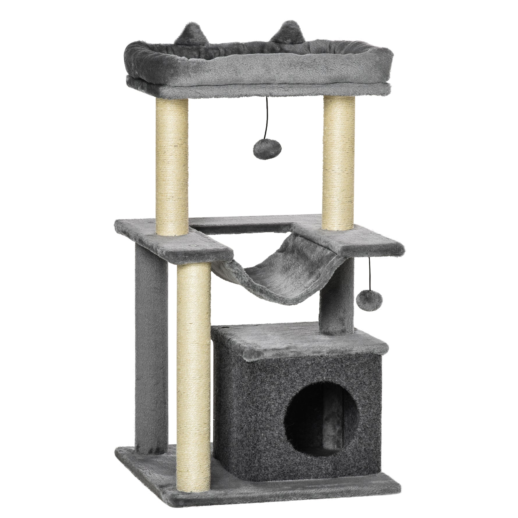 Arbre à chat avec griffoir, en tissu peluche, tour de jeux pour chat, lit, niche, hamac, plateforme 48 x 48 x 90 cm gris