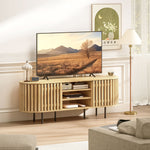 Meuble TV, meuble télé pour téléviseur 60 pouces, 2 portes à lattes, 140x40x52cm, bois naturel