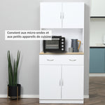 Buffet haut cuisine, armoire de cuisine, 4 portes, tiroir, plan de travail et étagères réglables, 80x40x180cm, blanc