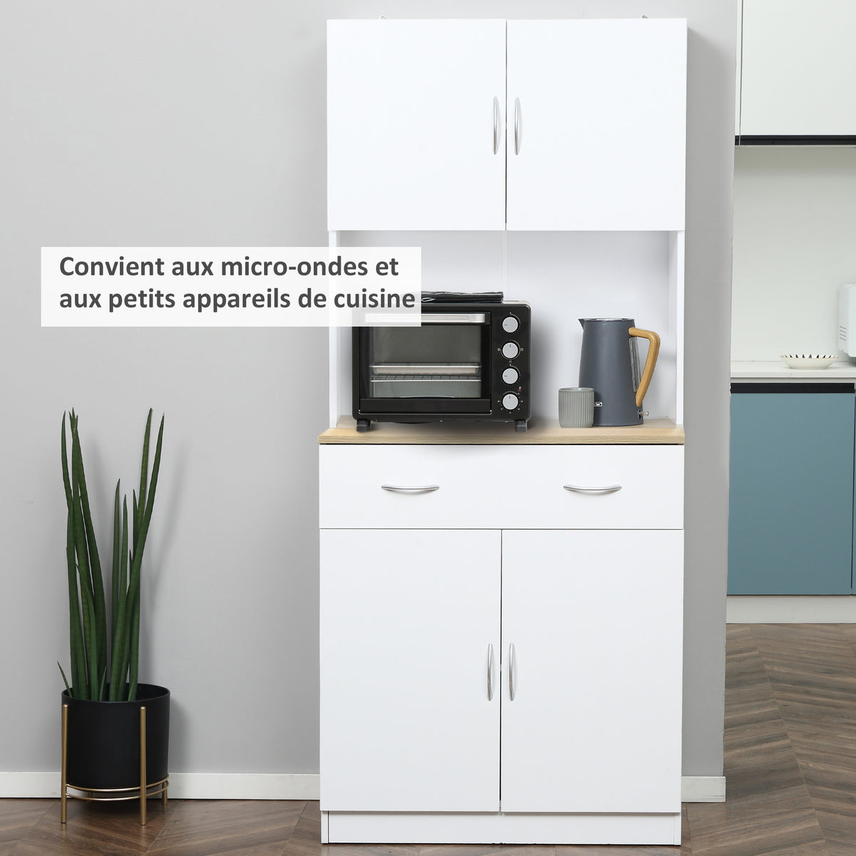 Buffet haut cuisine, armoire de cuisine, 4 portes, tiroir, plan de travail et étagères réglables, 80x40x180cm, blanc