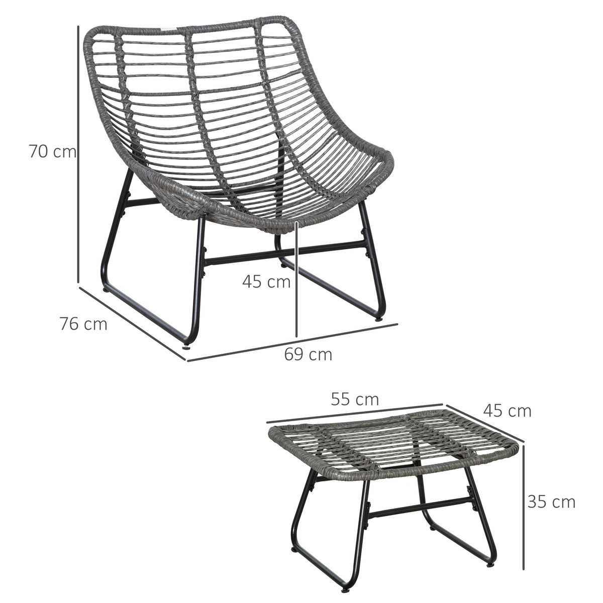 Fauteuil chaise de jardin avec repose-pieds en métal époxy et résine tressée aspect rotin avec coussins