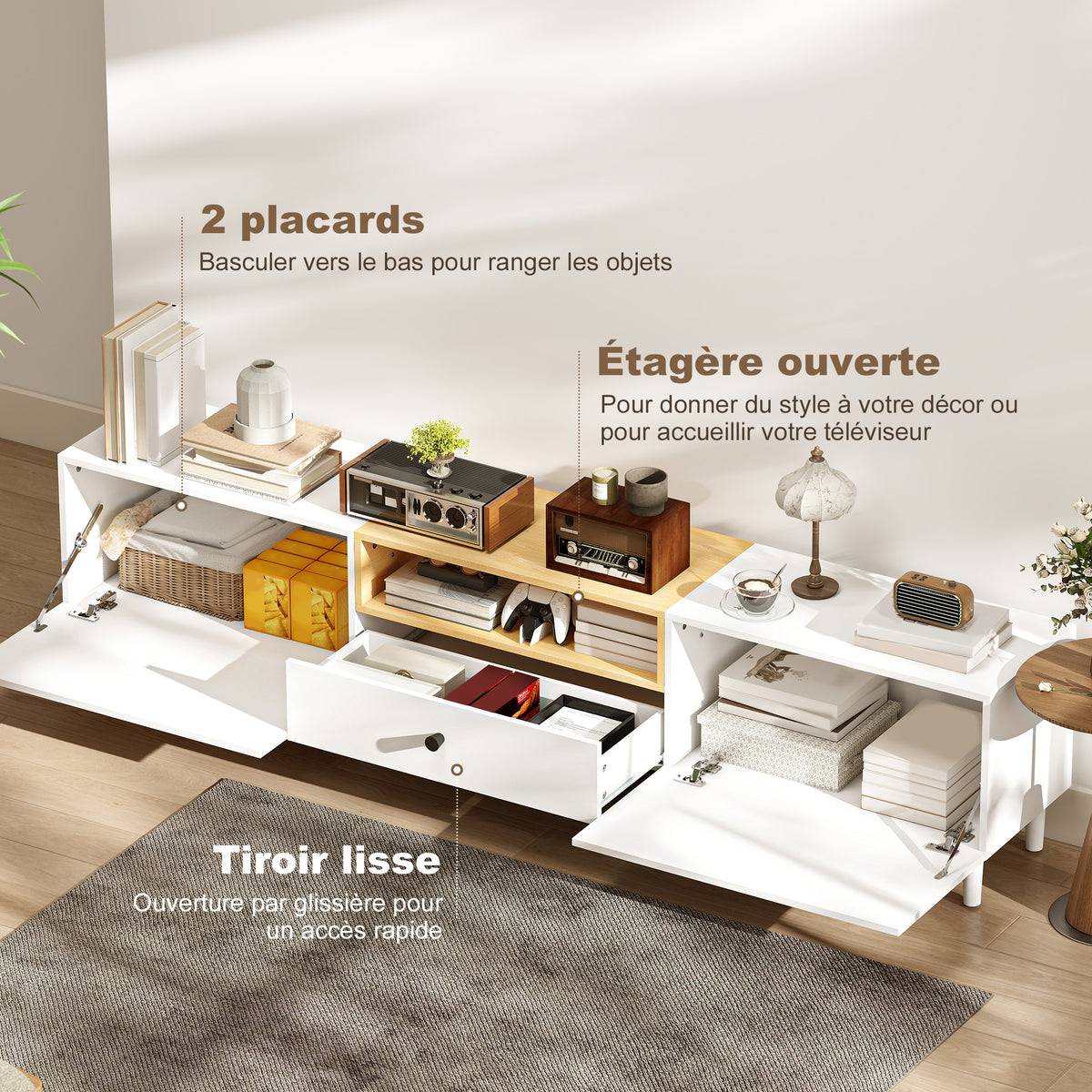 Meuble TV, meuble télé pour téléviseur jusqu'à 90 pouces avec 2 portes rabattables, tiroir, 200 x 35 x 45 cm, blanc