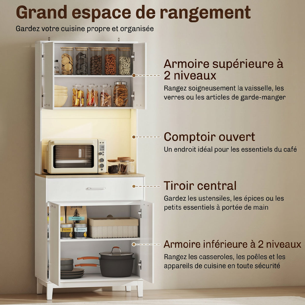 Buffet haut cuisine avec LED et station de charge, armoire de cuisine avec 4 portes, tiroir et plan de travail, blanc