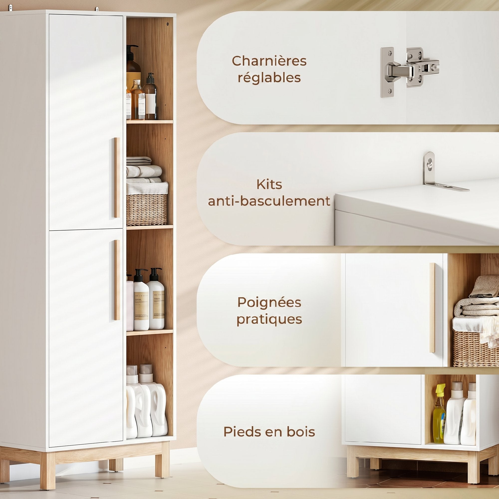 Meuble de Salle de Bain, Meuble de Rangement, 2 Portes, 4 Compartiments Ouverts et Étagères Réglables, Blanc et Naturel