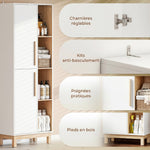 Meuble de Salle de Bain, Meuble de Rangement, 2 Portes, 4 Compartiments Ouverts et Étagères Réglables, Blanc et Naturel