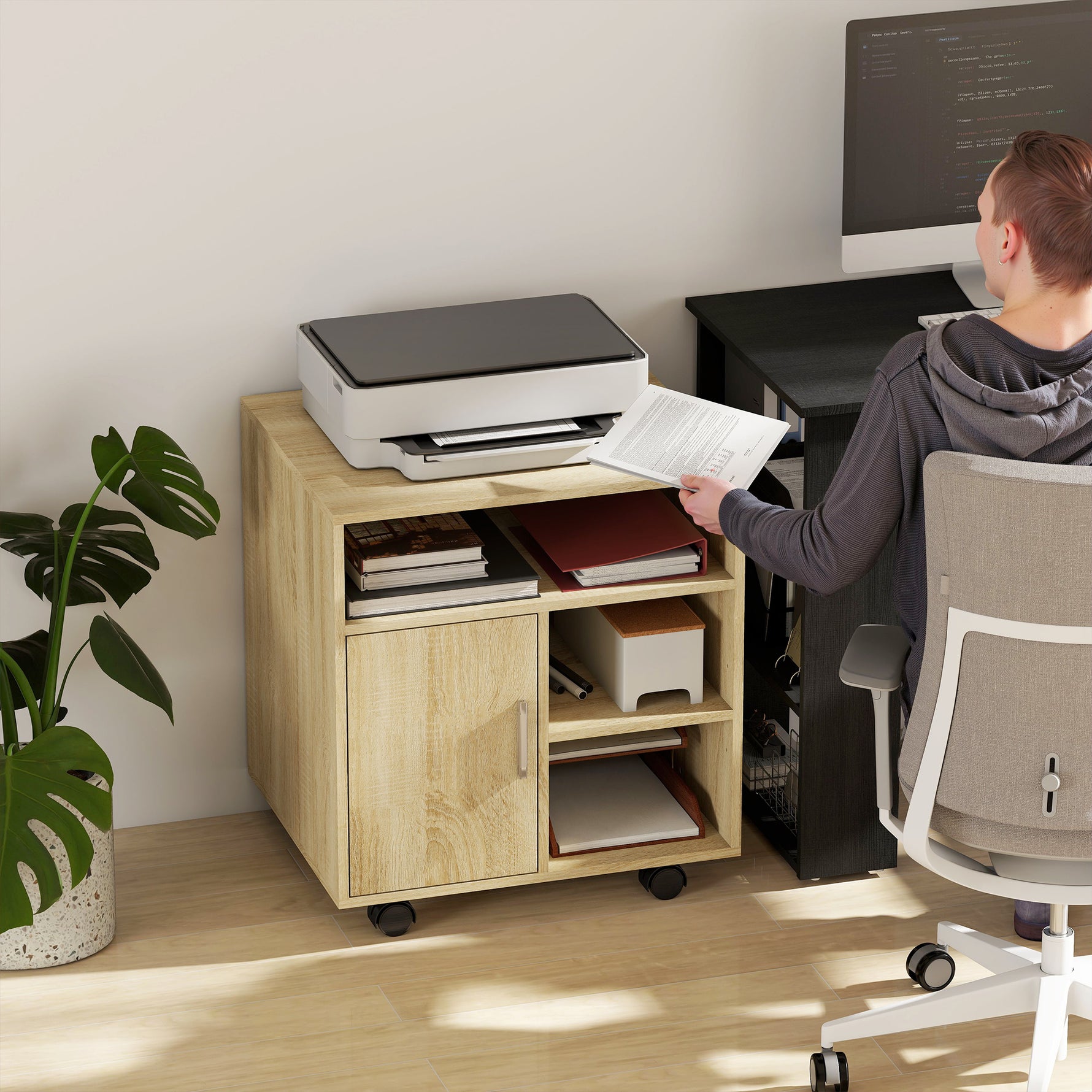 Support d'imprimante organiseur bureau caisson placard porte 3 niches + grand plateau panneaux particules bois naturel