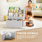 Bibliothèque pour enfants Multi-Rangement avec 3 niveaux d'étagères et un tiroir, 62,5L x 30l x 70H cm, gris