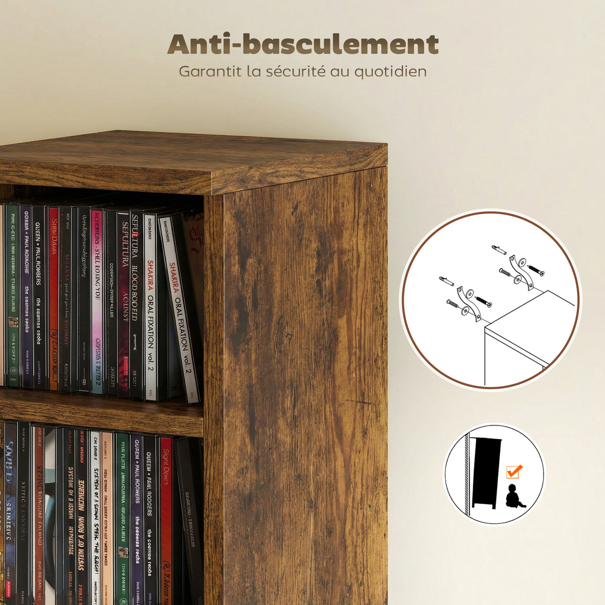 Set di 2 scaffali a colonna armadietto porta CD-DVD 12 scomparti 21 x 22,5 x 88,5 cm capacità 204 CD marrone