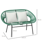 Banquette banc de jardin 2 places en acier et cordage en résine avec 2 coussins - dim. 132L x 72l x 83H cm - vert foncé