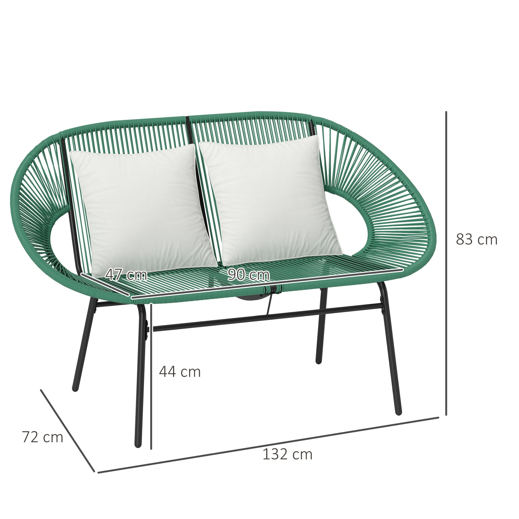 Banquette banc de jardin 2 places en acier et cordage en résine avec 2 coussins - dim. 132L x 72l x 83H cm - vert foncé
