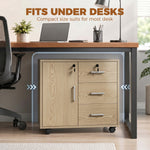 Caisson bureau meuble de rangement verrouillable avec 3 tiroirs et étagère réglable, roulettes, 40 x 60 x 56 cm, marron clair