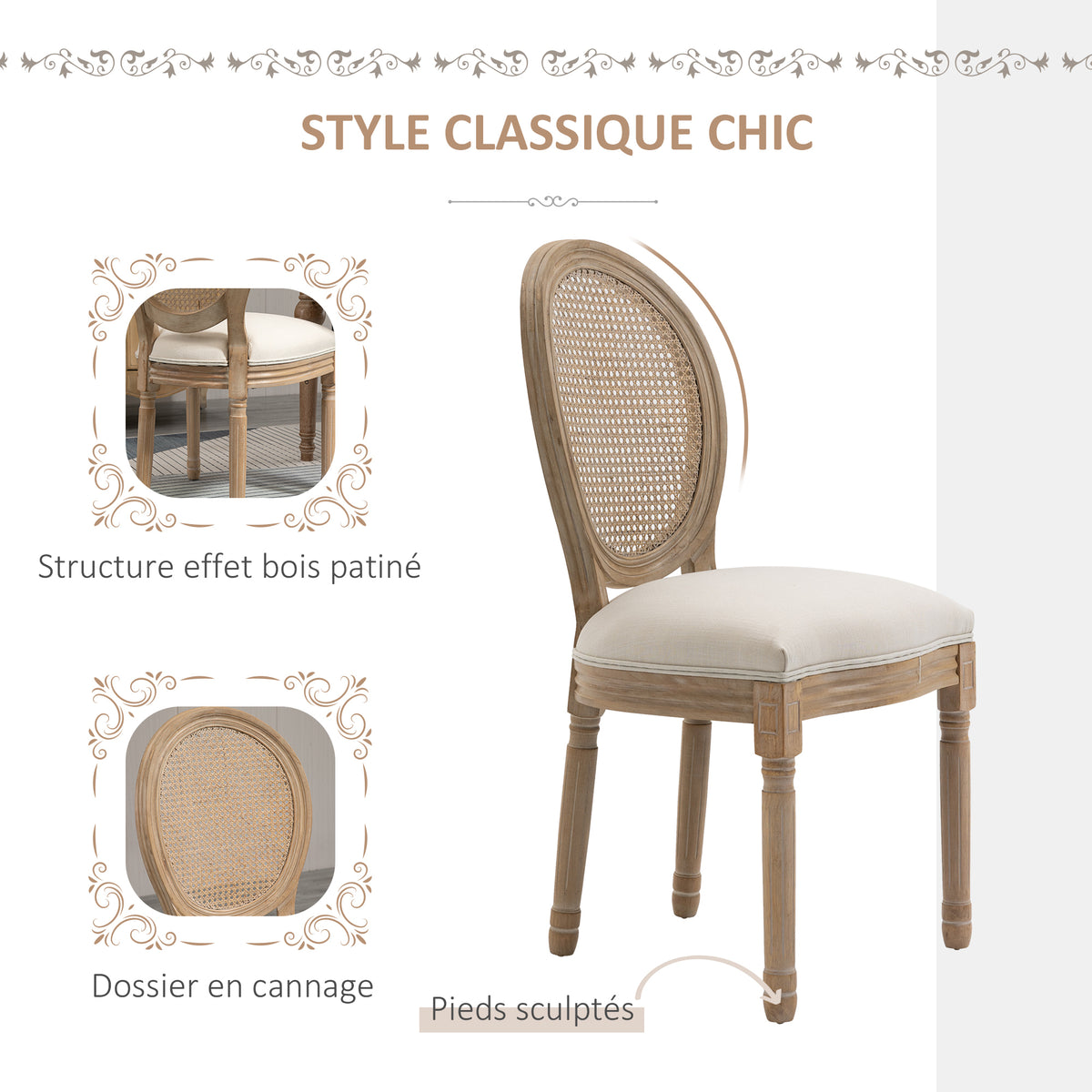 Lot de 4 chaises de Salle à Manger - Chaise de Salon médaillon Style Louis XVI - Bois Massif sculpté, patiné