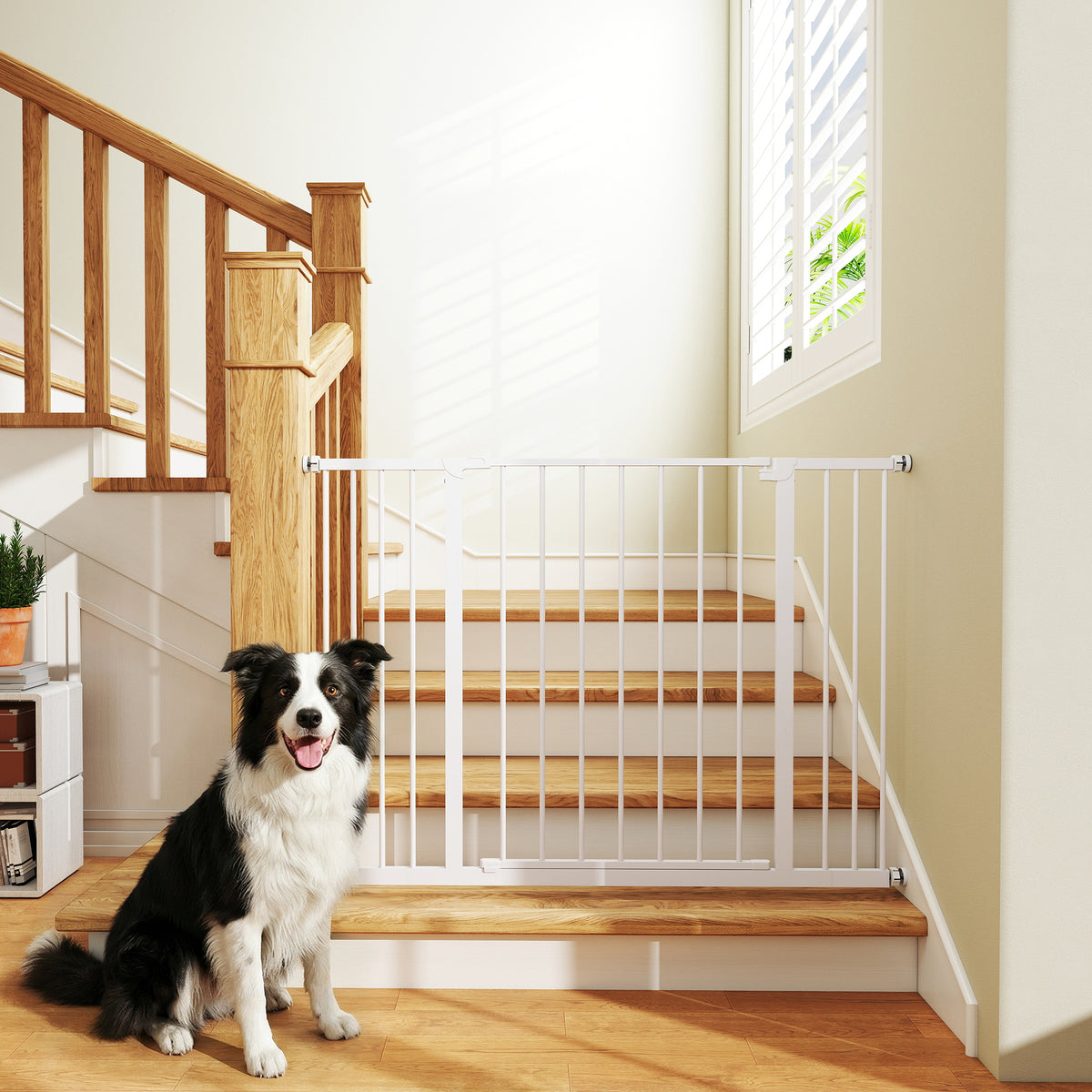 Adjustable Dog Safety Gate 76-107 cm, with 2 Extensions (10/15 cm), One-Handed Opening, No Drilling Required, White