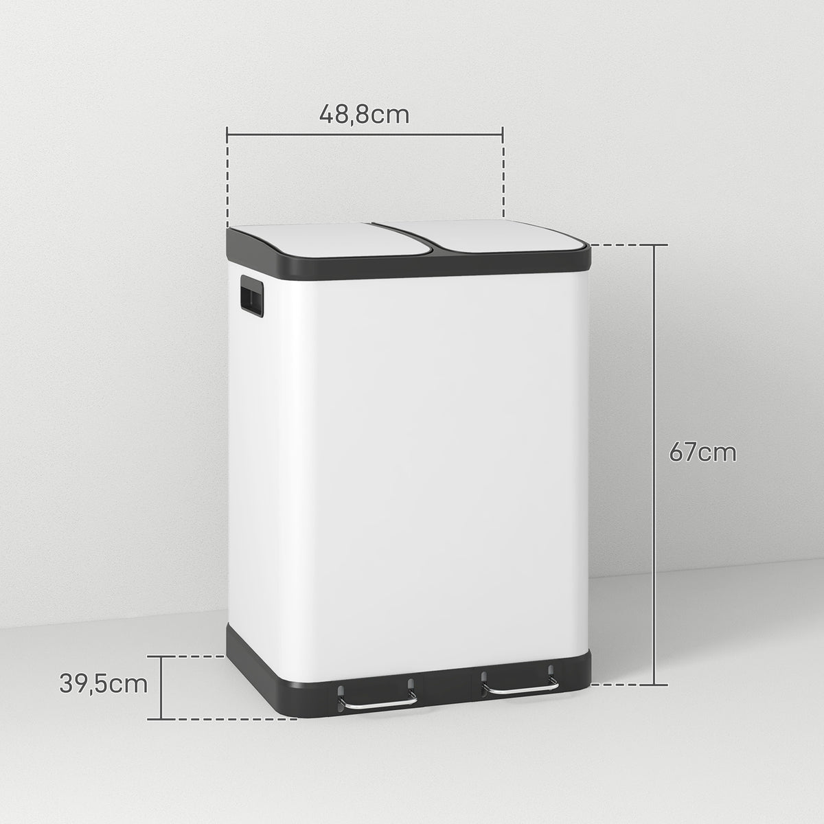 Sukaldeko zaborrontzia, 2 x 30L, metalezko pedalarekin, 2 konpartimentu, ixte leuneko estalkia, 60L, zuria