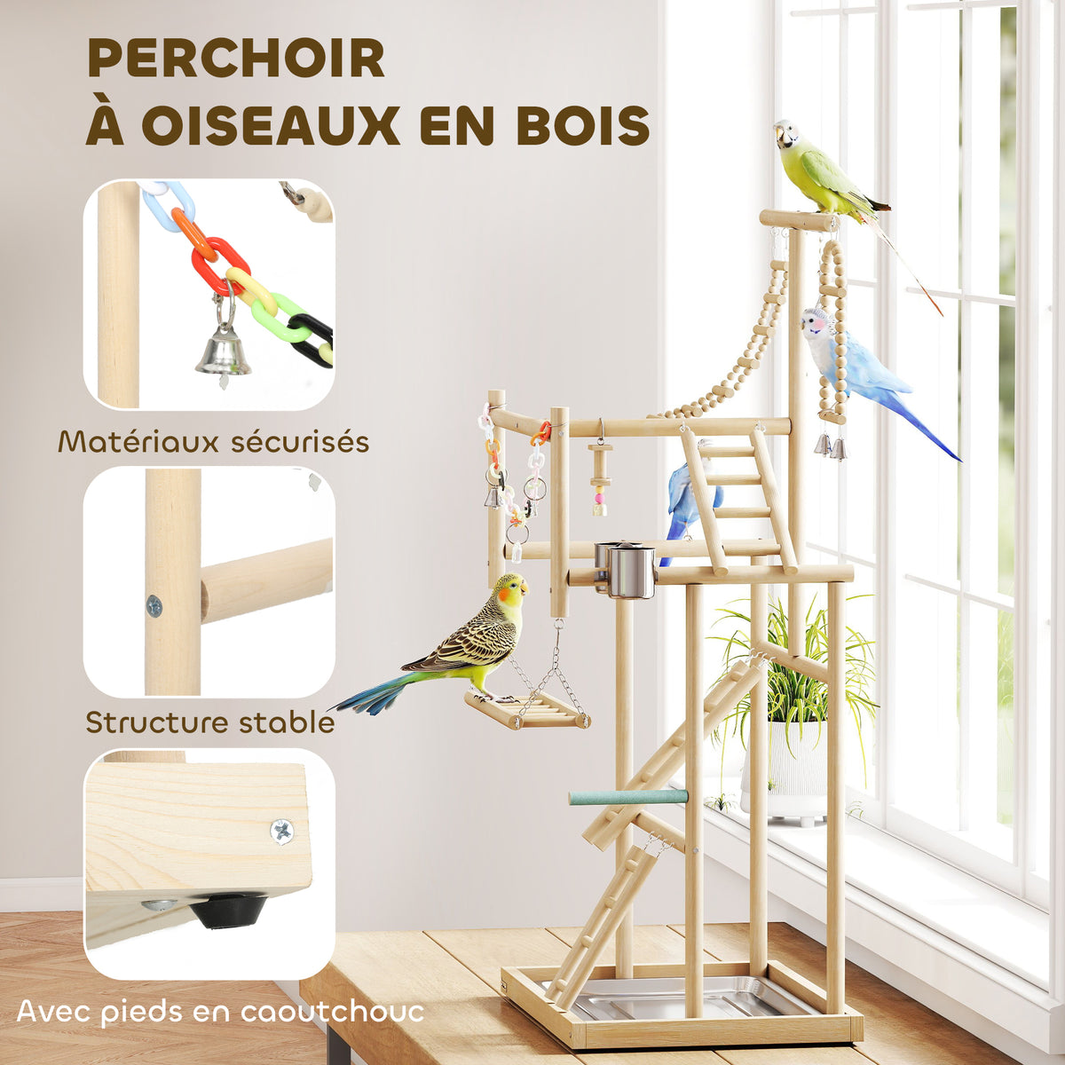 Aire de jeux pour oiseaux, terrain de jeu pour perroquet, échelles, jouet à chaîne, plateau, 48x38x95cm, bois naturel
