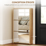 Meuble à chaussures 9 paires, armoire à chaussures étroite, 3 tiroirs rabattables portes miroirs, 65x17x114,5cm naturel